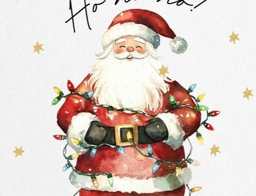 Watercolor Santa wrapped in fairy lights