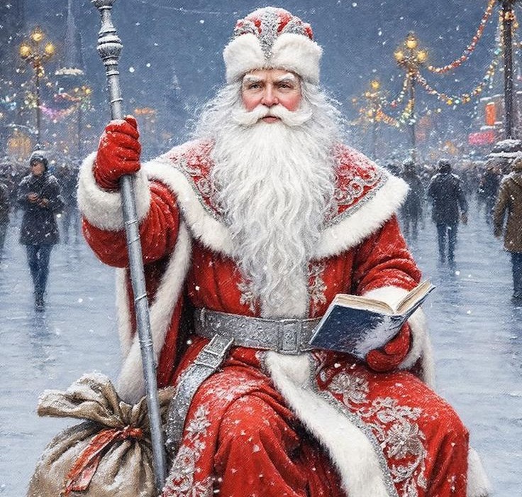Santa with staff and book on a lit winter street