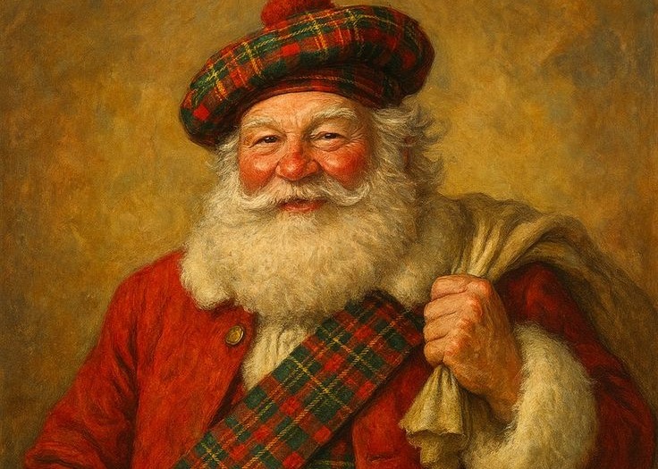 Painterly Santa in a tartan cap and sash