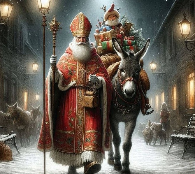 Saint Nicholas leading a donkey through a European village