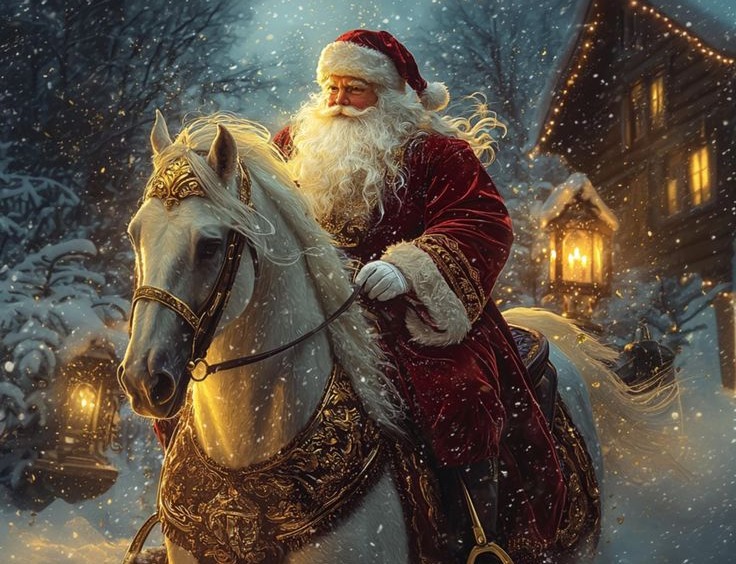 Santa riding a white horse under a lantern