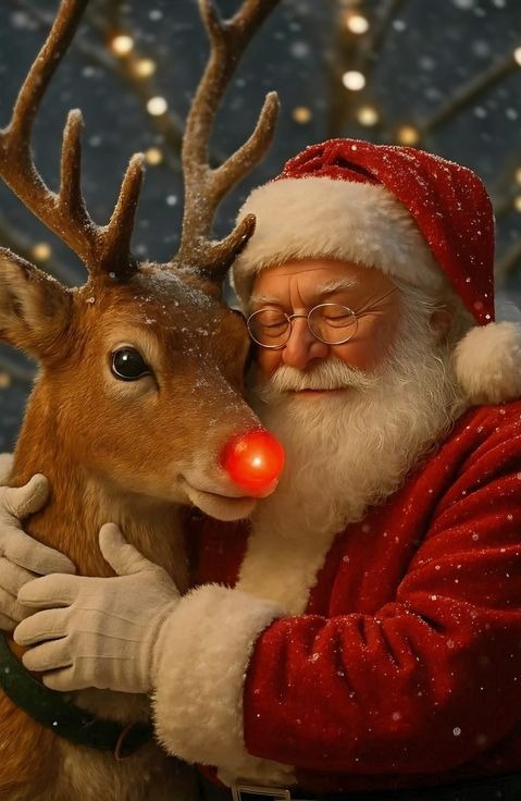Santa embracing Rudolph