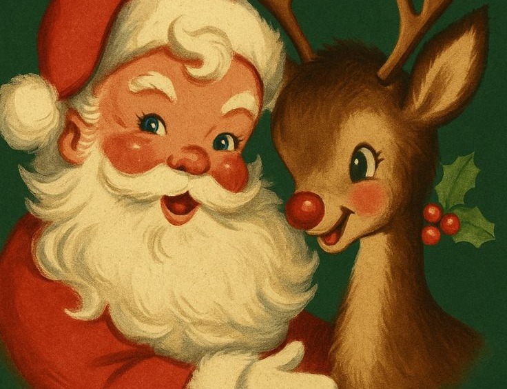 Retro cartoon Santa cheek to cheek with Rudolph
