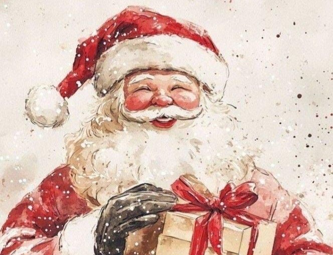 Vintage-style Santa holding a wrapped gift in snow