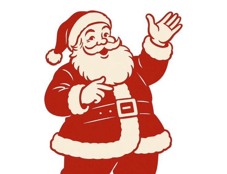 Red-and-cream graphic silhouette of Santa waving