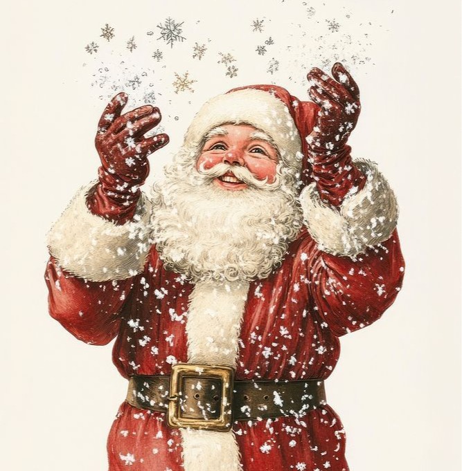 Retro Santa with hands raised catching snowflakes