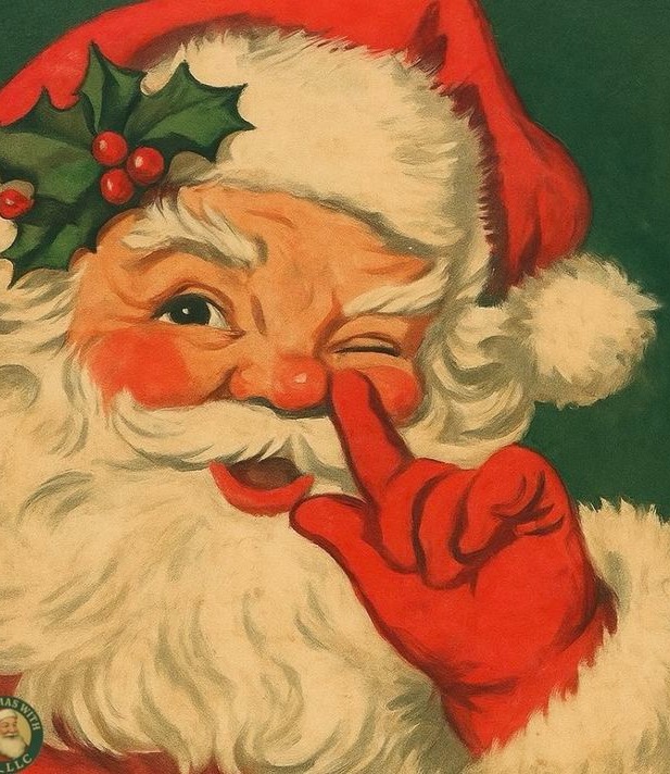Retro card Santa with a finger to his lips