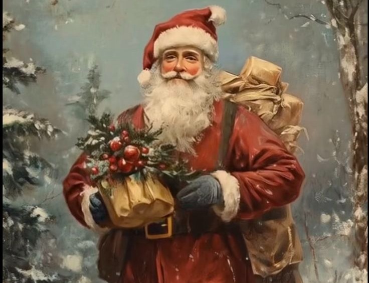 Painted Santa carrying parcels and holly through snow