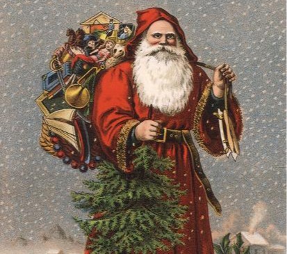 Genuinely aged print of Santa with a tree and toys