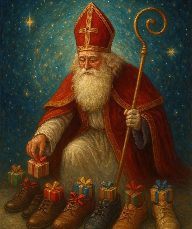 Seated Saint Nicholas in a mitre with gifts in boots at his feet