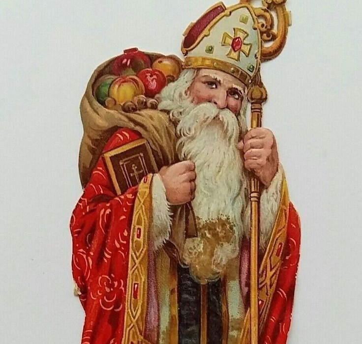 Saint Nicholas in a gold mitre carrying a sack of apples