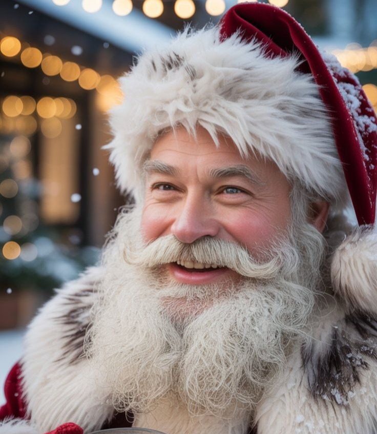 Close portrait of a laughing Santa with lights behind