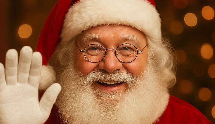 Santa waving into the camera with bokeh lights behind