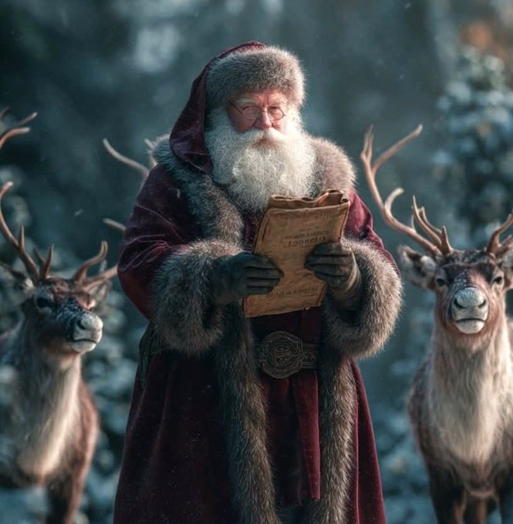 Weathered Santa in furs reading among reindeer