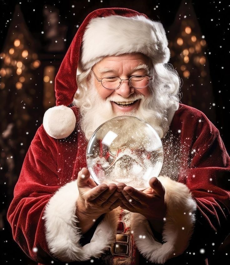 Santa gazing into a glowing snow globe