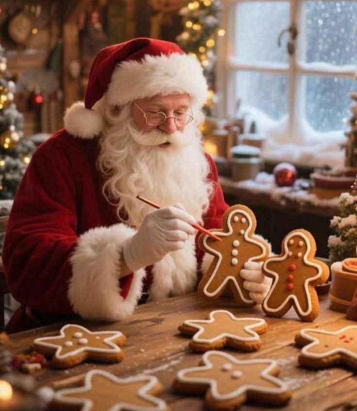 Santa icing gingerbread cookies at a kitchen table